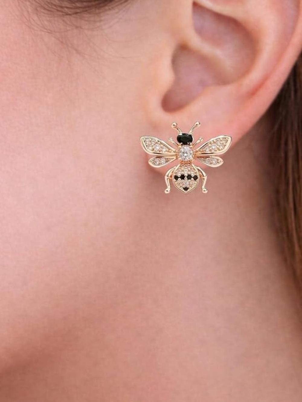 Gold Bee Crystal Stud Earrings for Women